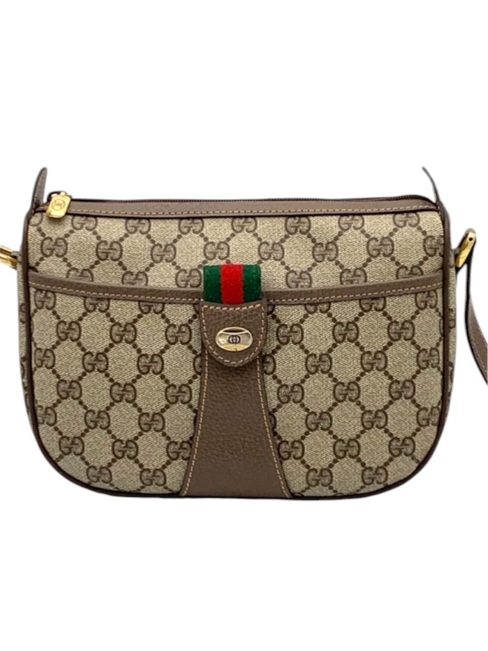 Gucci Beige/Brown Monogram Crossbody with Green-Red Web Stripe